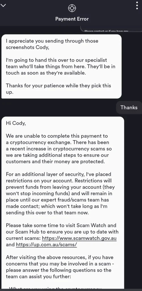 Up Bank support freezing account and placing restrictions on all outgoing funds after crypto payment attempt