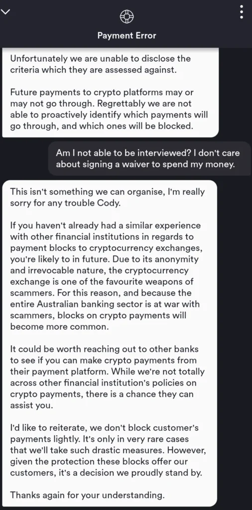 Up Bank support suggesting customer try another bank for crypto payments and refusing to reconsider