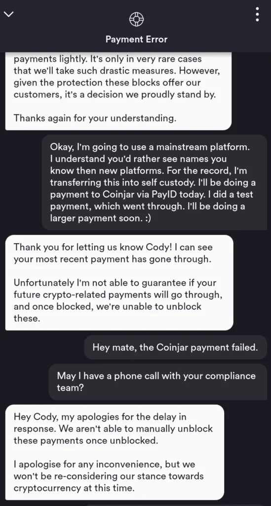 Up Bank support confirming crypto payments blocked, unable to unblock, and refusing phone call with compliance team
